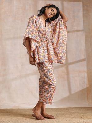 Multicolor Beige Overall Floral Block Print Cotton Kaftan Co-Ord Set 3