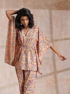Multicolor Beige Overall Floral Block Print Cotton Kaftan Co-Ord Set 4