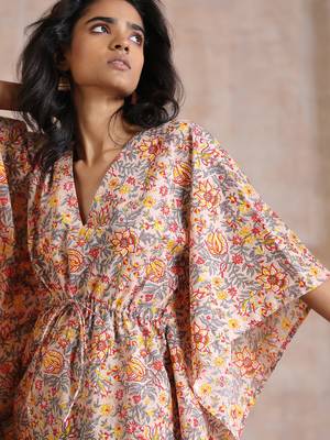 Multicolor Beige Overall Floral Block Print Cotton Kaftan Co-Ord Set 5