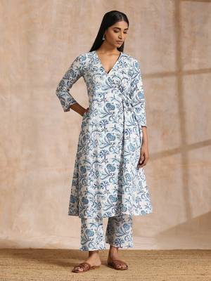 White With Overall Blue Print Cotton Angrakha Kurta Pant Set 1