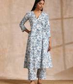 White With Overall Blue Print Cotton Angrakha Kurta Pant Set
