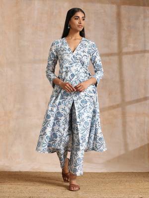 White With Overall Blue Print Cotton Angrakha Kurta Pant Set 2