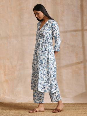 White With Overall Blue Print Cotton Angrakha Kurta Pant Set 3