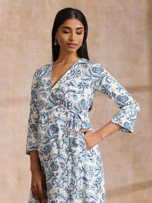 White With Overall Blue Print Cotton Angrakha Kurta Pant Set 4