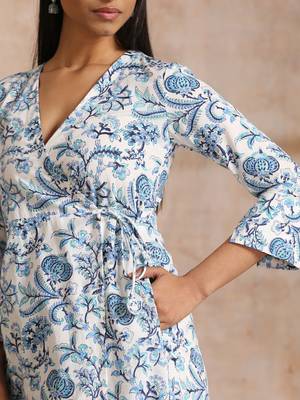 White With Overall Blue Print Cotton Angrakha Kurta Pant Set 5