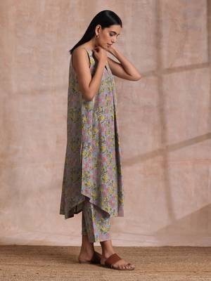 Grey Overall Floral Block Print Cotton Sleeveless Flared  Kurta Pant Set 3