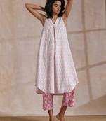 Pink Green Floral On White Block Print Cotton Sleeveless Flared  Kurta Pant Set