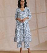 White With Overall Blue Print Cotton  Slit Gathered Kurta Set