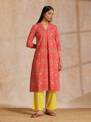 Flamingo Pink Overall Floral Block Print Cotton Slit Kurta Pant Set 1