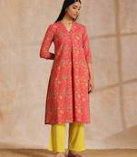 Flamingo Pink Overall Floral Block Print Cotton Slit Kurta Pant Set