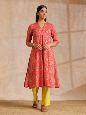 Flamingo Pink Overall Floral Block Print Cotton Slit Kurta Pant Set 2
