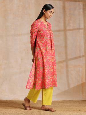 Flamingo Pink Overall Floral Block Print Cotton Slit Kurta Pant Set 3
