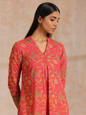 Flamingo Pink Overall Floral Block Print Cotton Slit Kurta Pant Set 4