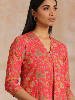 Flamingo Pink Overall Floral Block Print Cotton Slit Kurta Pant Set 5