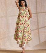 Yellow Overall Floral Block Print Cotton Sleeveless Kurta Pant Set