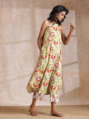 Yellow Overall Floral Block Print Cotton Sleeveless Kurta Pant Set 3