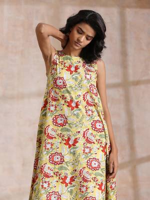Yellow Overall Floral Block Print Cotton Sleeveless Kurta Pant Set 4