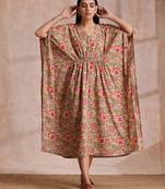 Beige Overall Big Floral Block Print Cotton Kaftan Dress