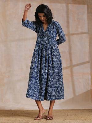 Indigo Dabu Overall Print Cotton Wrap Dress 1
