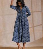 Indigo Dabu Overall Print Cotton Wrap Dress
