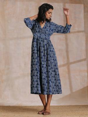 Indigo Dabu Overall Print Cotton Wrap Dress 2