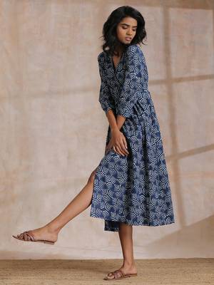 Indigo Dabu Overall Print Cotton Wrap Dress 3