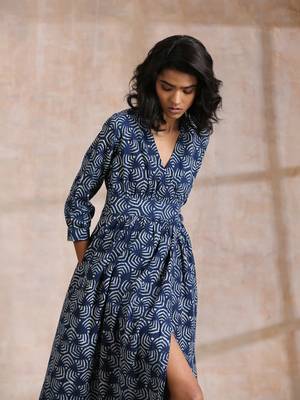 Indigo Dabu Overall Print Cotton Wrap Dress 4