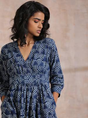 Indigo Dabu Overall Print Cotton Wrap Dress 5
