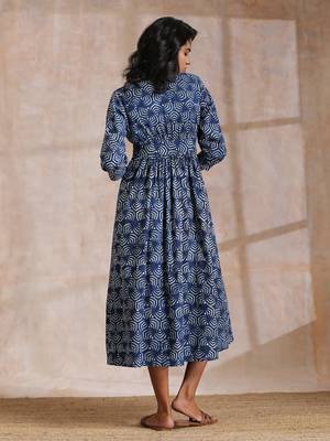 Indigo Dabu Overall Print Cotton Wrap Dress 6