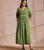 Lime Green Overall Blue Floral Block Print Cotton Wrap Dress
