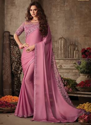 Onion pink embroidered art silk saree with blouse 1