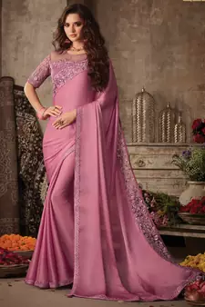 Onion pink embroidered art silk saree with blouse