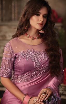 Onion pink embroidered art silk saree with blouse 2