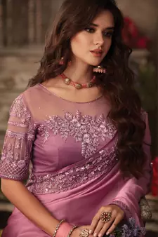 Onion pink embroidered art silk saree with blouse