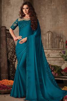 Teal embroidered art silk saree with blouse