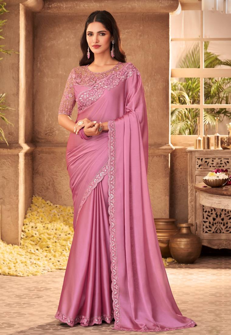 Pink embroidered art silk saree with blouse