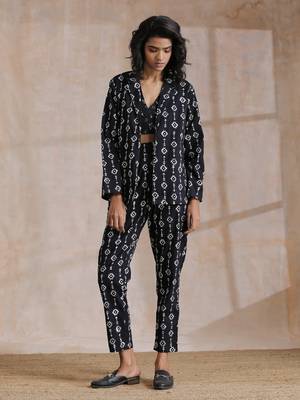 Black White Geometric Print Cotton Pant Suit Set 1