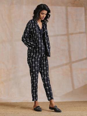 Black White Geometric Print Cotton Pant Suit Set 3