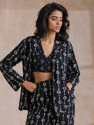 Black White Geometric Print Cotton Pant Suit Set 4