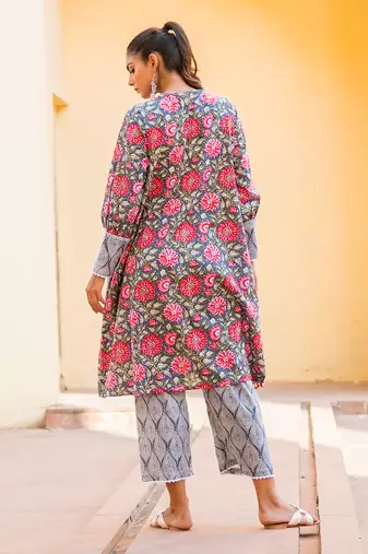 Pink Purple Floral Kurta With Geometry Print Short Pant Set