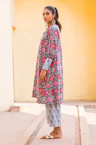 Pink Purple Floral Kurta With Geometry Print Short Pant Set