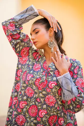 Pink Purple Floral Kurta With Geometry Print Short Pant Set