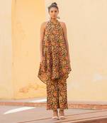 Evening Blue Halter Neck Kurta With Flared Pants