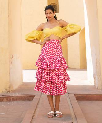 Lime Yellow Off Shoulder Top With Retro Pink Polka Dots Layered  Skirt 1
