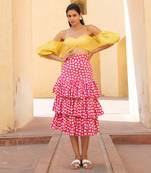 Lime Yellow Off Shoulder Top With Retro Pink Polka Dots Layered  Skirt