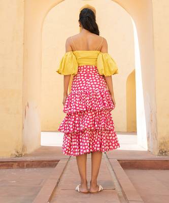 Lime Yellow Off Shoulder Top With Retro Pink Polka Dots Layered  Skirt 3