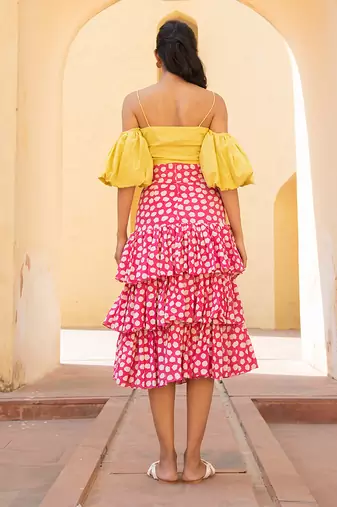 Lime Yellow Off Shoulder Top With Retro Pink Polka Dots Layered  Skirt