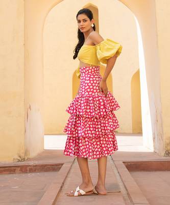 Lime Yellow Off Shoulder Top With Retro Pink Polka Dots Layered  Skirt 4