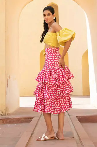 Lime Yellow Off Shoulder Top With Retro Pink Polka Dots Layered  Skirt