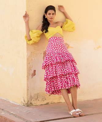 Lime Yellow Off Shoulder Top With Retro Pink Polka Dots Layered  Skirt 5